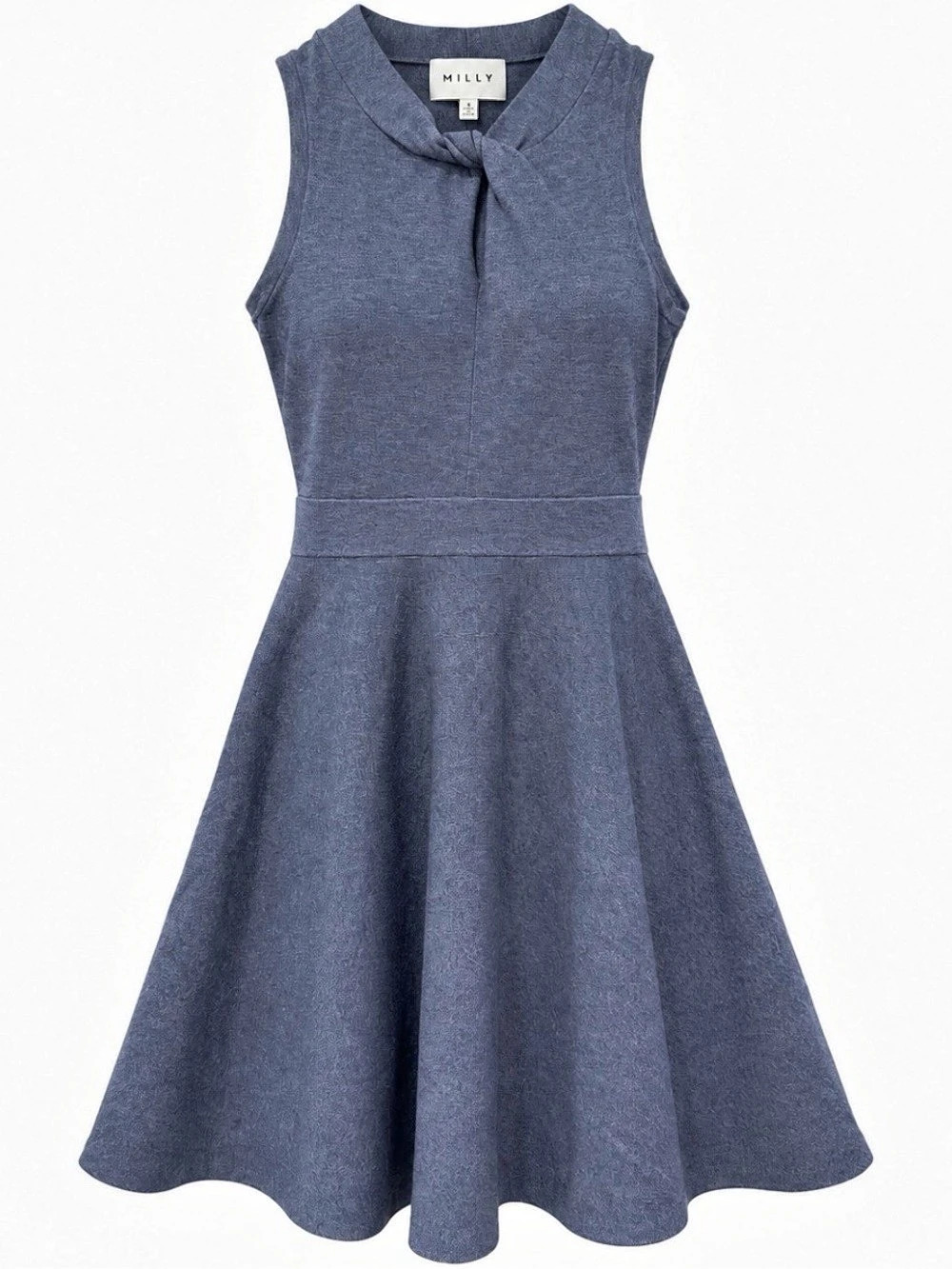 MILLY Blue Knit Fit & Flare Dress S Twist Neck Minimalist Cocktail Workwear